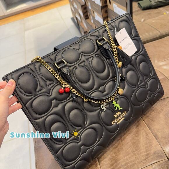 NWT Coach Bundle Large Maggie Tote Bag Blocked CY672 Black & CCD30 Long Chain - Picture 3 of 16